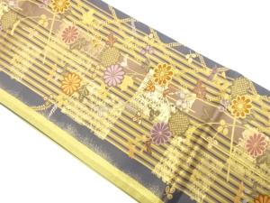 縞に変わり市松・秋草模様織り出し　袋帯